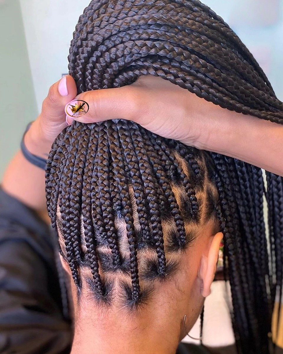 Box braids on a person's head showing the square parting and braided hair.