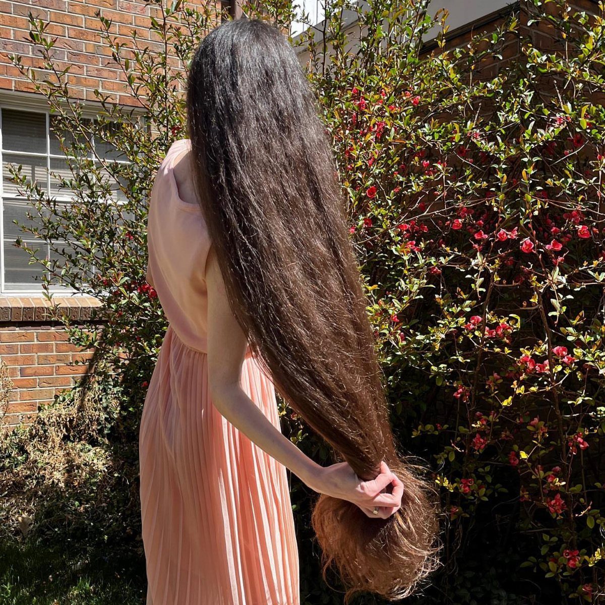 Natural Long Hairstyles: 10 Ideas, From Bantu Knots to Waves 6 Woman with very long, loose dark brown hair wearing a pink pleated dress.