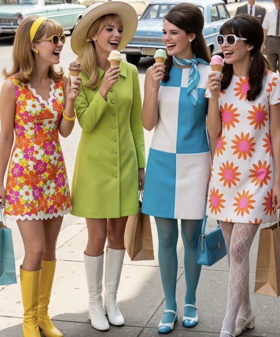 Four women in colorful 1960s mini dresses eating ice cream on a sidewalk.