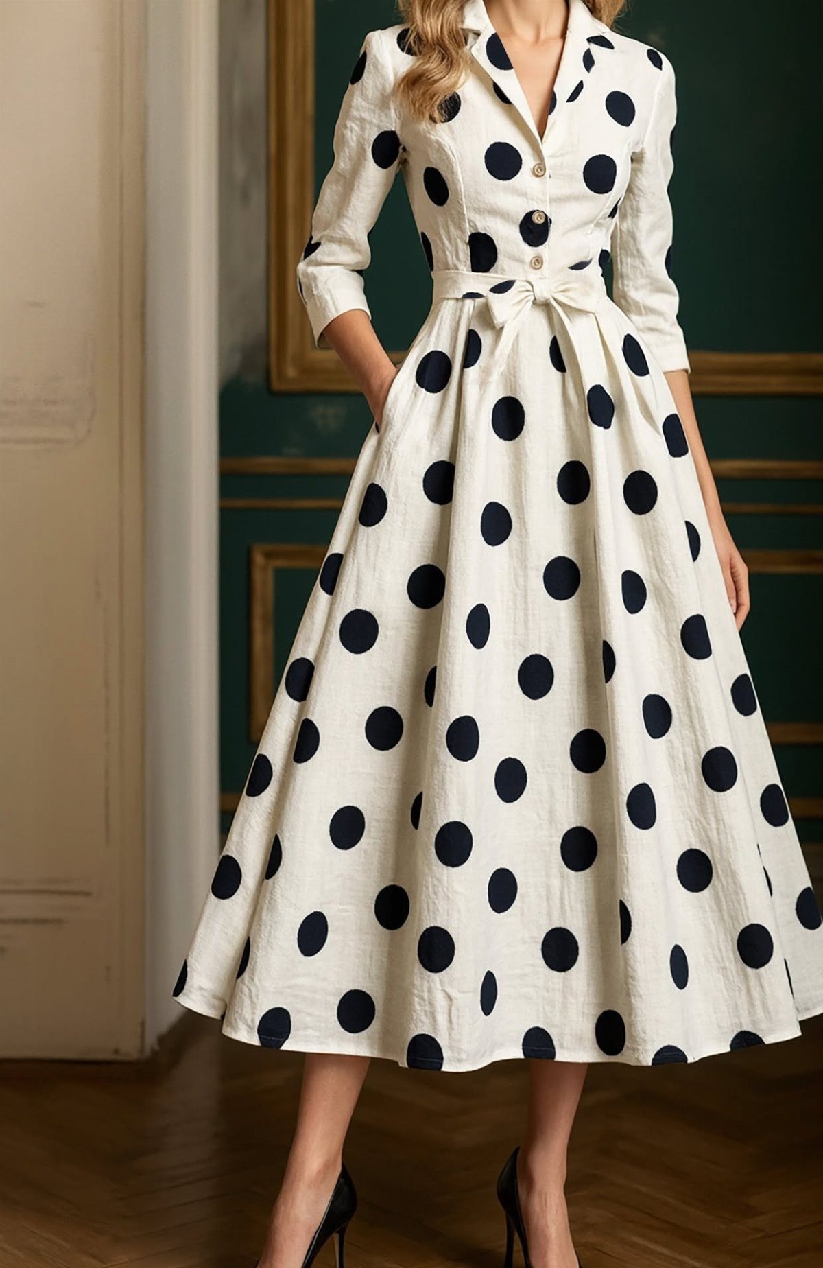 White midi dress with black polka dots, belted waist, and black high heels.