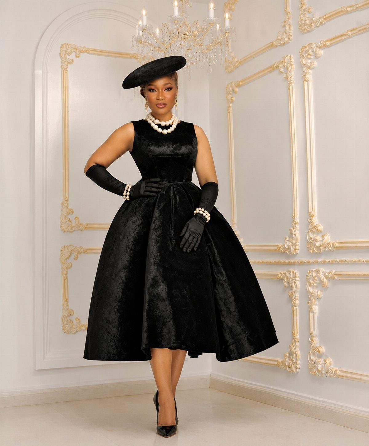 Woman in a black velvet midi dress with gloves and a pillbox hat.