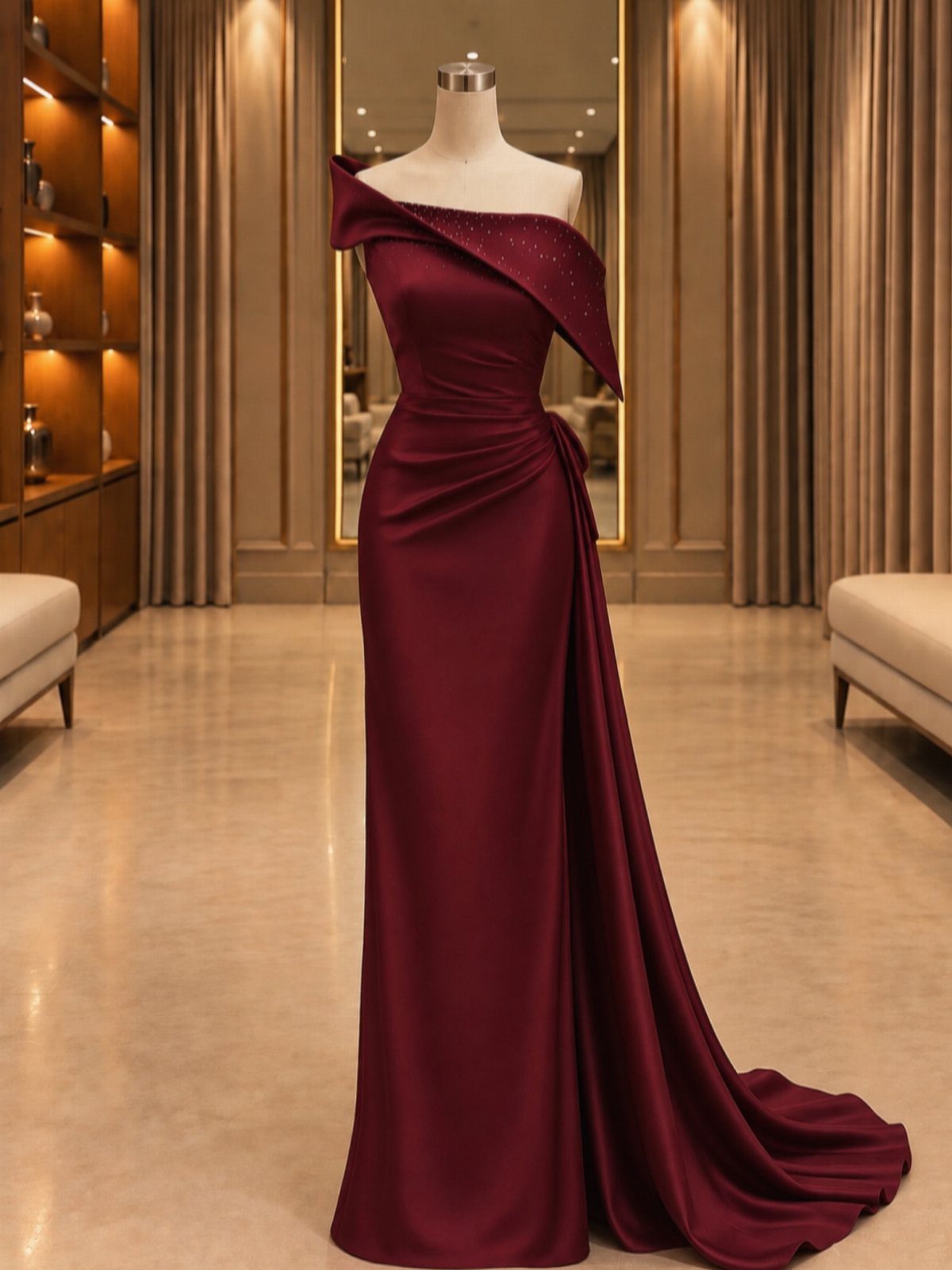 Deep red satin floor-length gown on a mannequin in a luxury room.