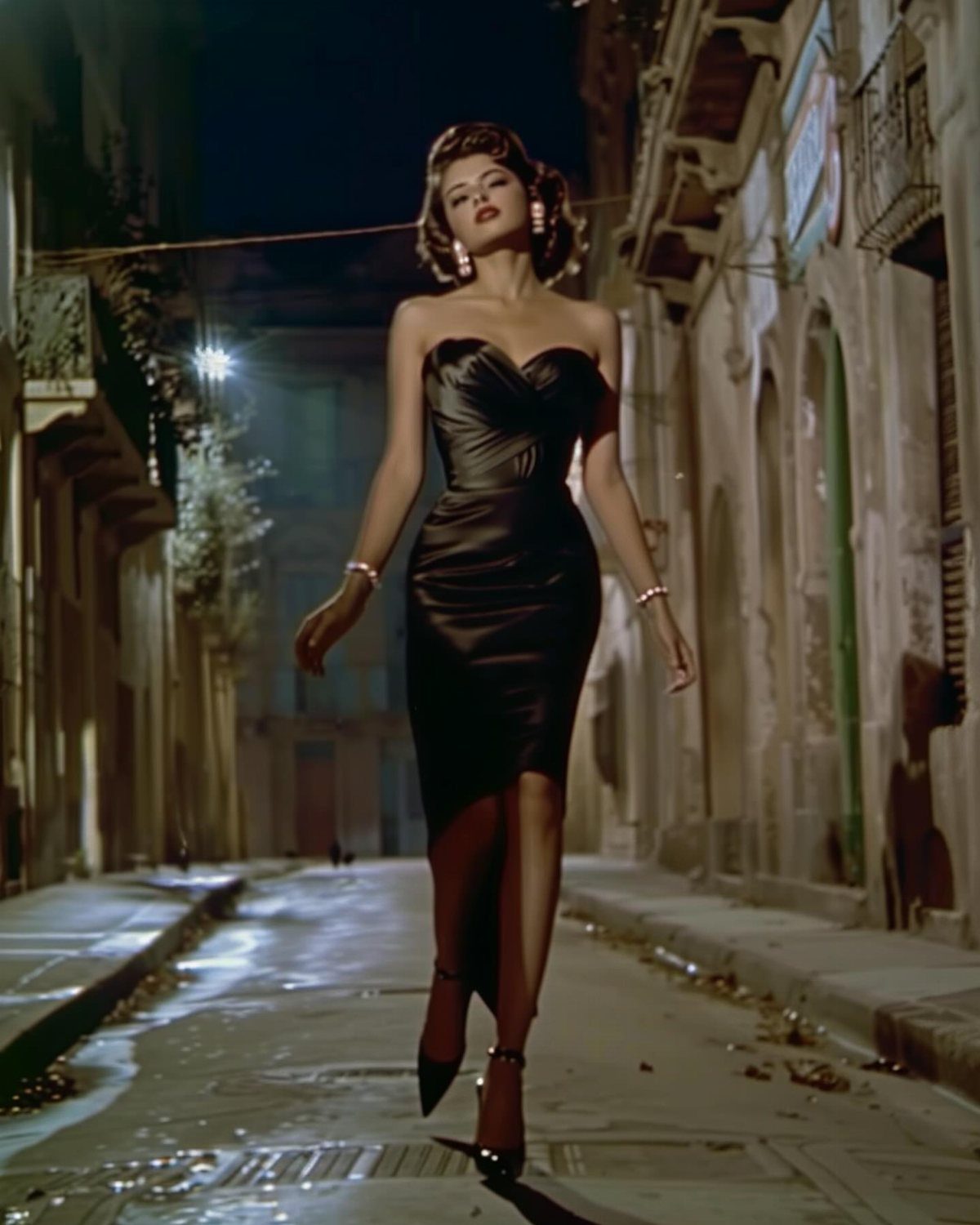 Woman in a black satin sweetheart neckline dress walking on a night street