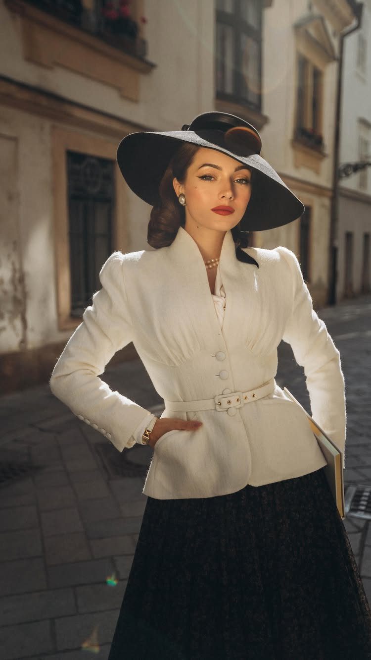 Woman in a white tailored jacket and black wide-brimmed hat on a street