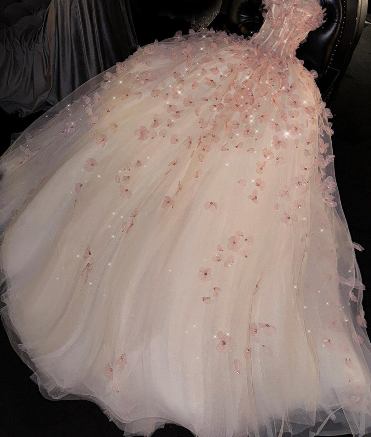 Pink Ballgown Wedding Dress: 8 Ideas with Bows and Feathers 3 Pink tulle ballgown with 3D floral motifs and sequins on the skirt