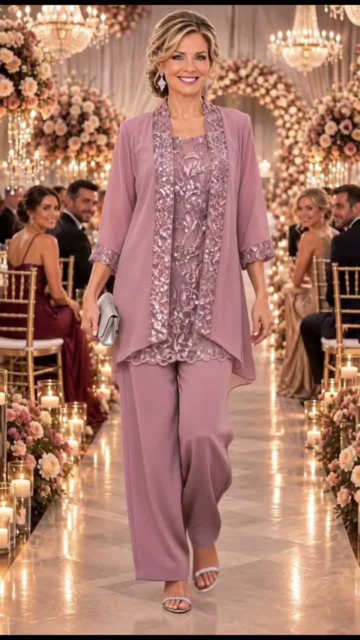 Woman in a mauve lace formal pant suit walking through a decorated ballroom