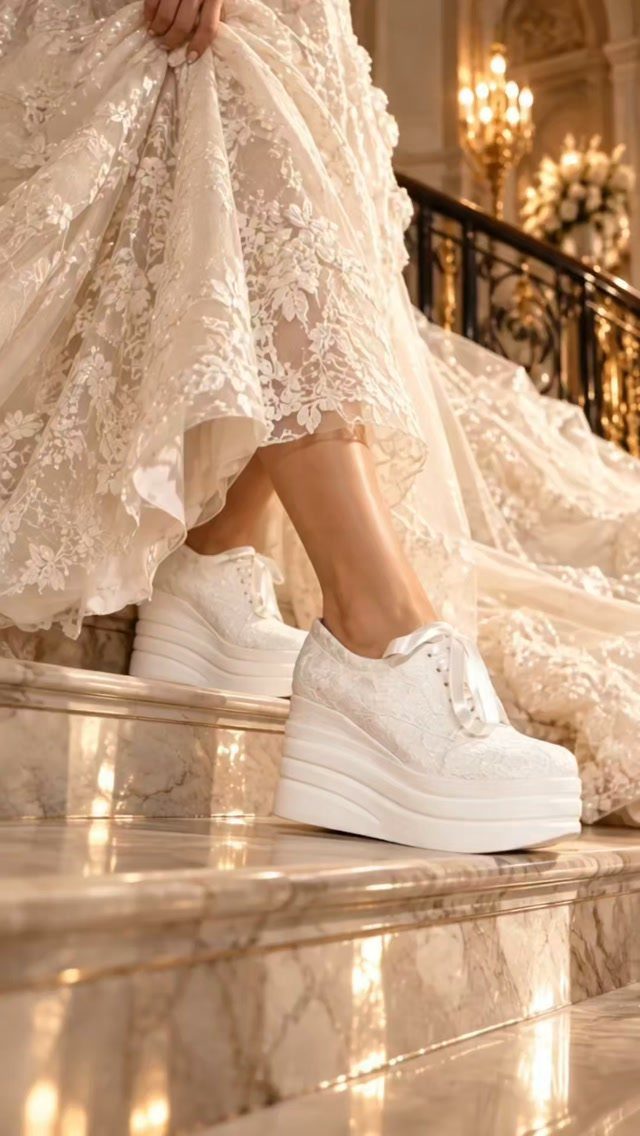 White platform sneakers paired with a long white lace wedding dress on marble stairs.