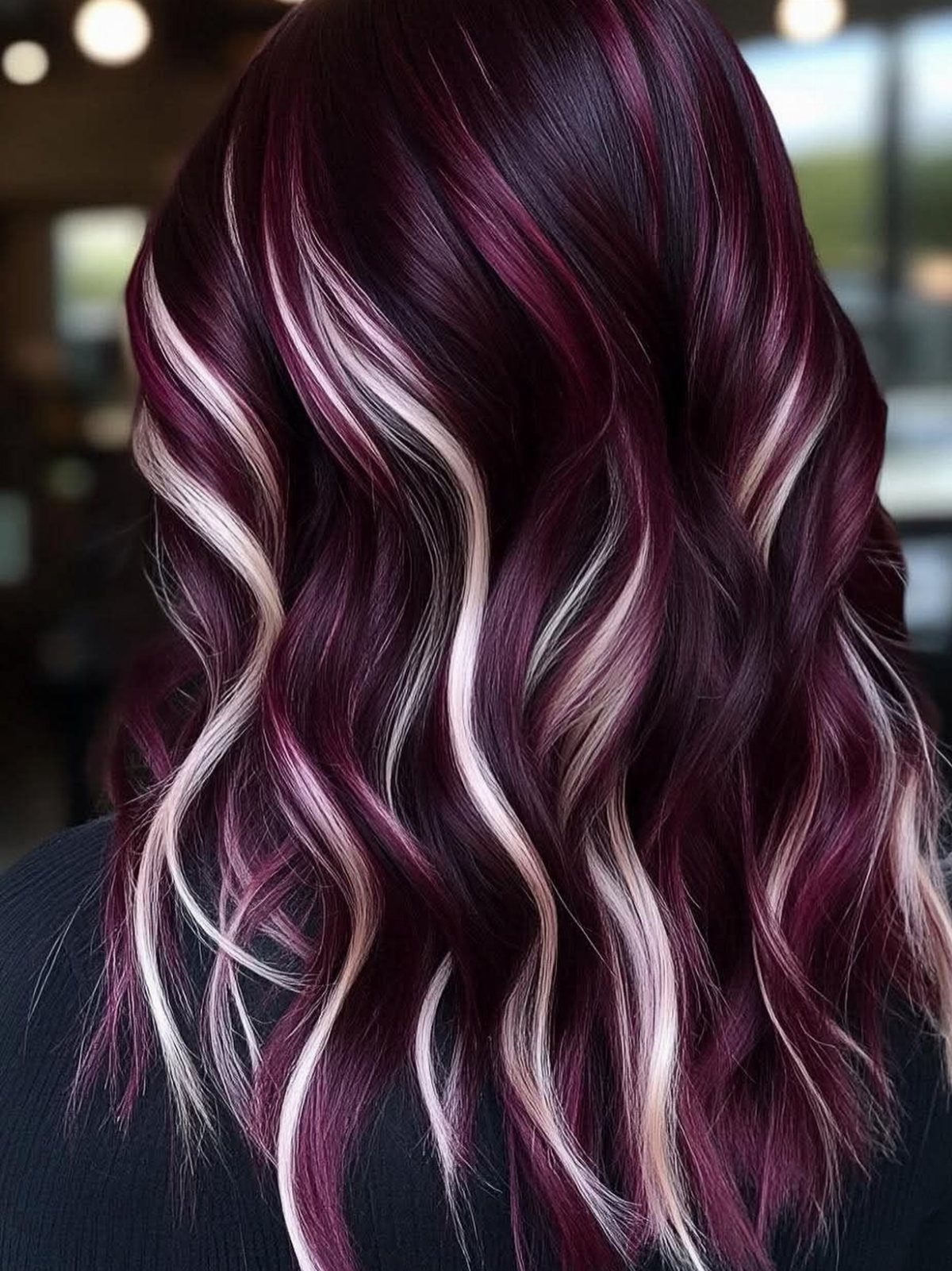 20 Summer Hair Dye Ideas, from Pastel Blue to Cool Raven 9 Wavy burgundy and purple hair with bright pink and silver highlights from behind.