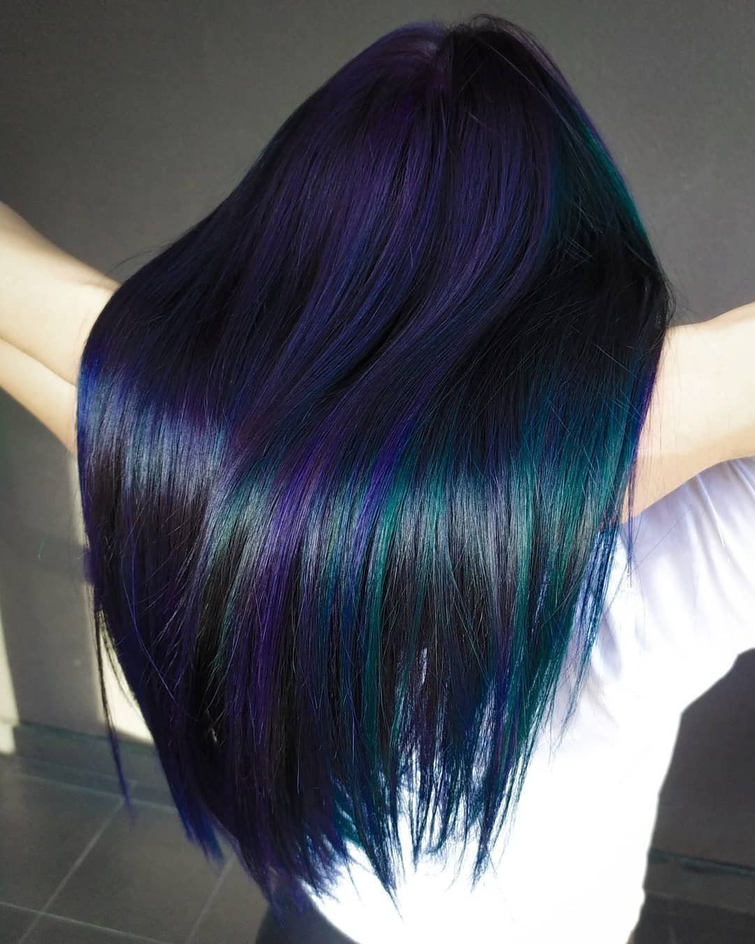 20 Summer Hair Dye Ideas, from Pastel Blue to Cool Raven 20 Long straight dark hair with shimmering purple and blue iridescent highlights.