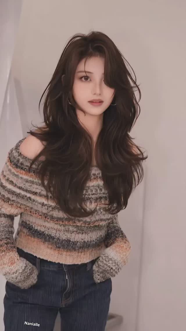 Wavy Hair Styles for Women: 12 Cuts and Looks to Try 11 Woman with long dark brown cascading layers of wavy hair wearing a striped sweater.