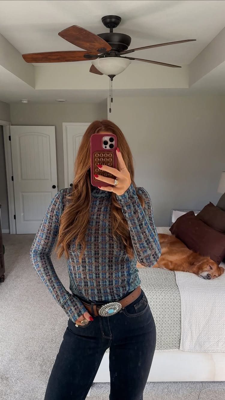 Western Dress Up: 5 Ideas, From Dresses to Denim Jackets 3 Woman in plaid top and jeans wearing a western belt with turquoise buckle
