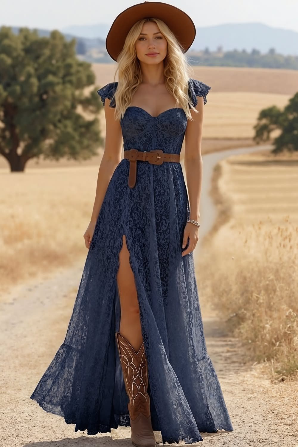 Western Dress Up: 5 Ideas, From Dresses to Denim Jackets 1 Woman in navy blue lace western dress, brown cowboy boots, and brown hat.